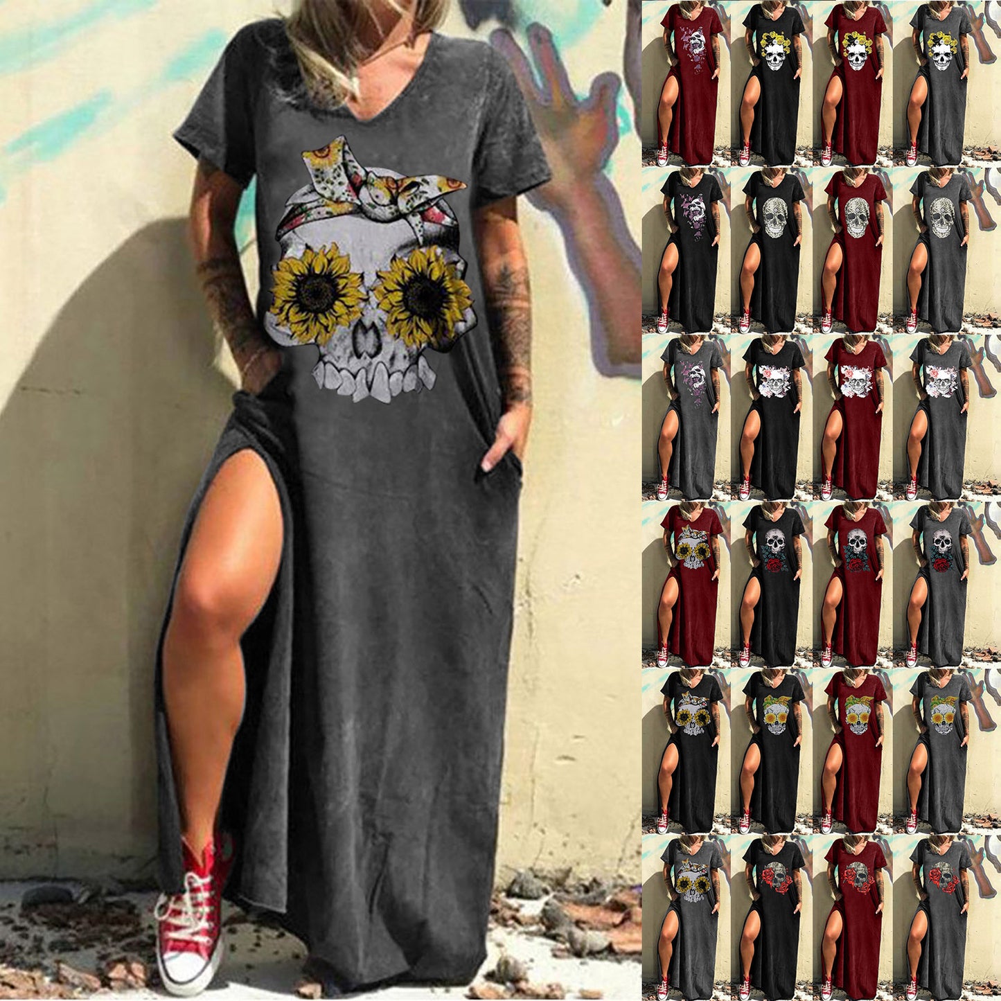 Skull Print Street Fashion Sleeve Slit Shorts