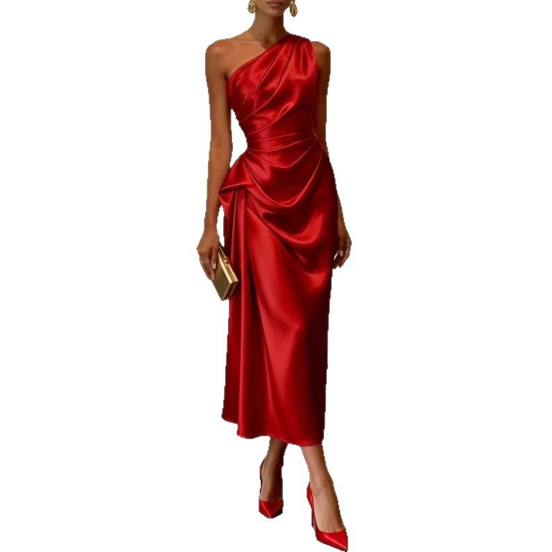 Women's Outer High-grade Satin Pleated Waist Tight Shoulder Dress