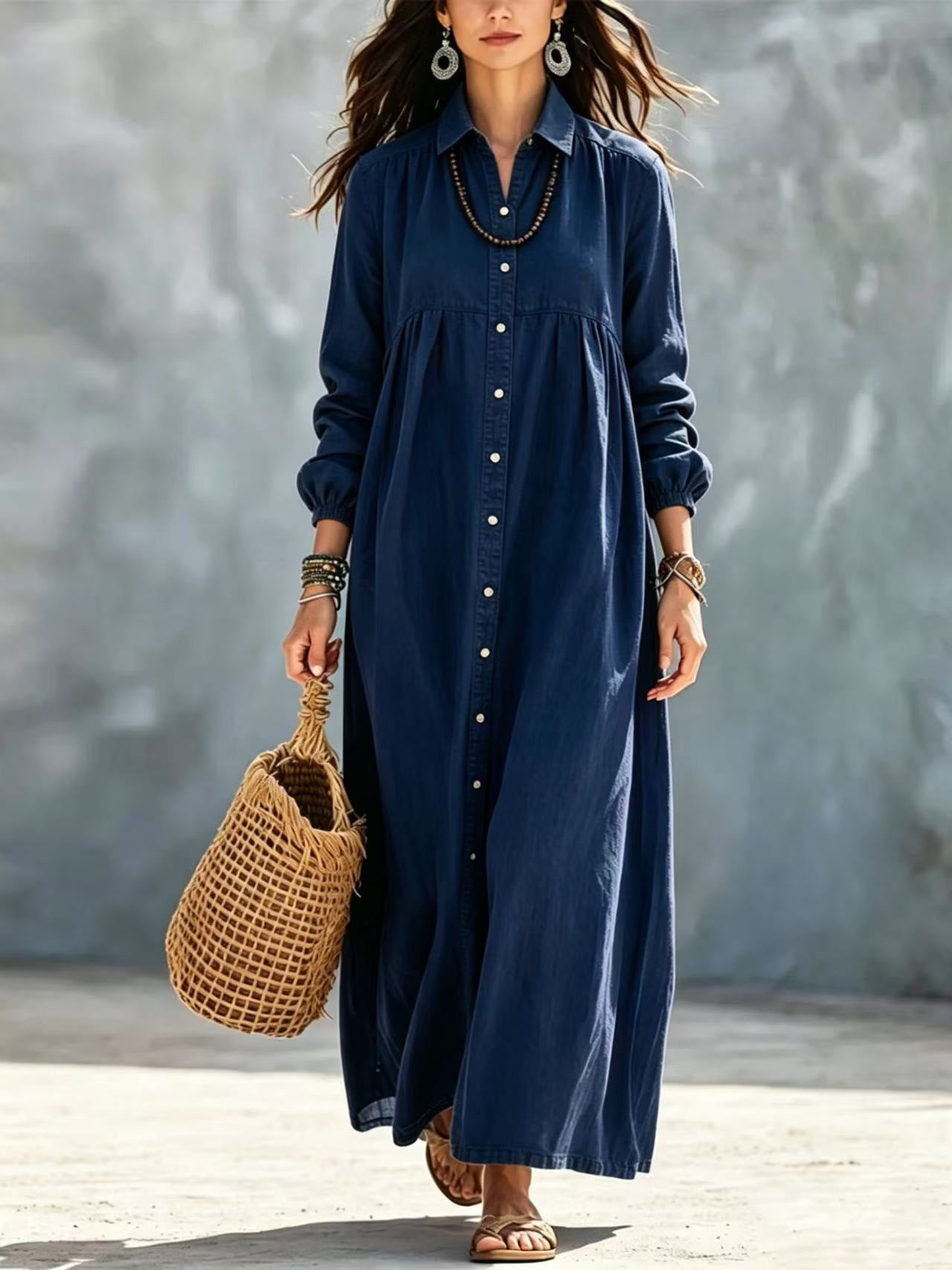 Women's Color Shirt Loose Button Lapel Casual Long Dress