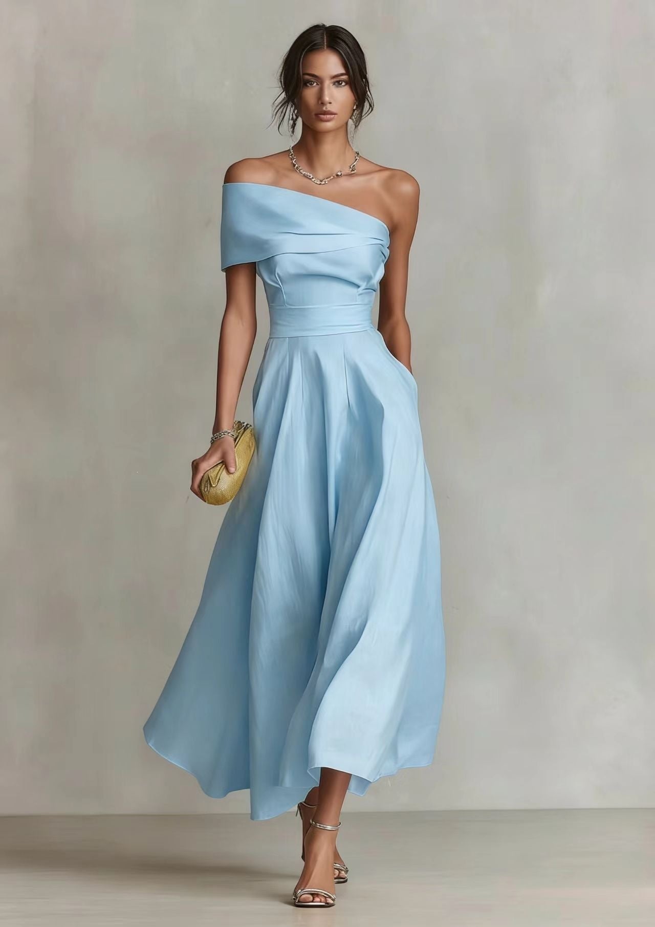 Women's Solid Color Waist Tight Slant Shoulder Collar Backless Dress