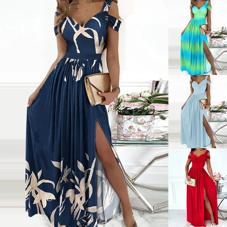 Women's Long Printed Elegance Sleeveless Sexy Slit Dress