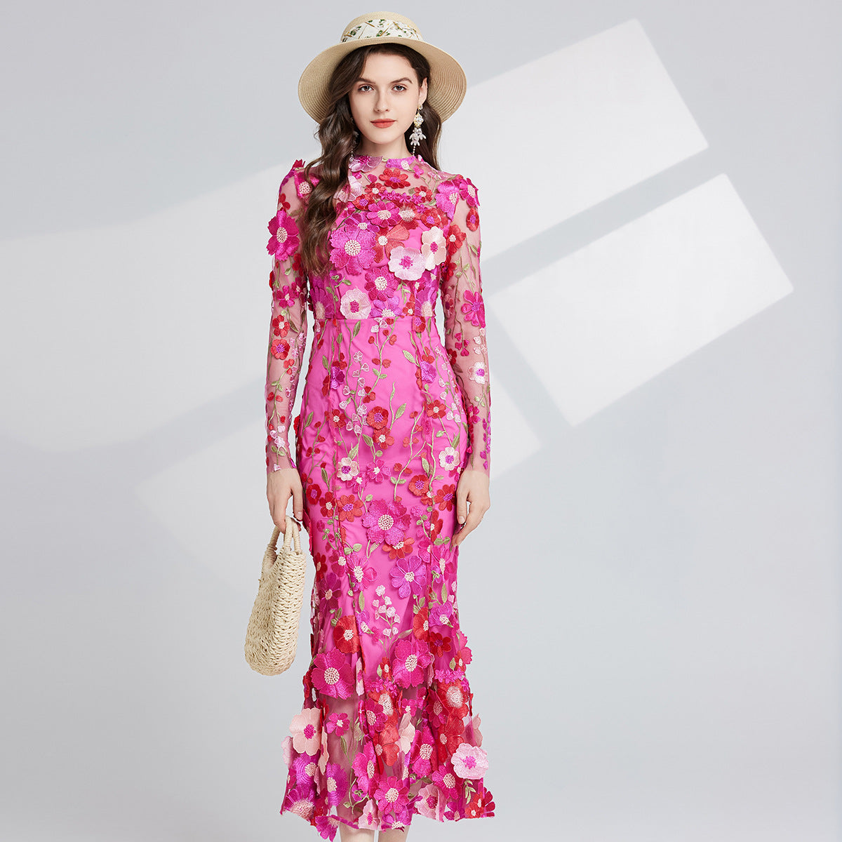 French Entry Lux Embroidered Three-dimensional Flower Long Dresses