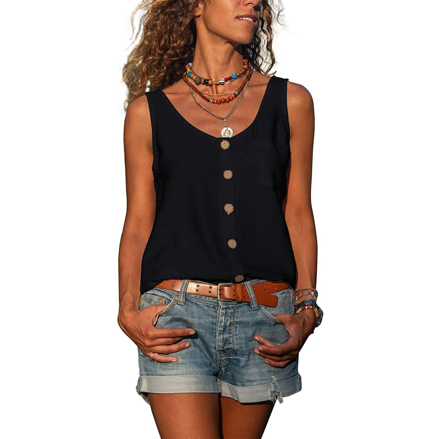 Women's Summer Solid Color Button Shirt Sleeveless Blouses