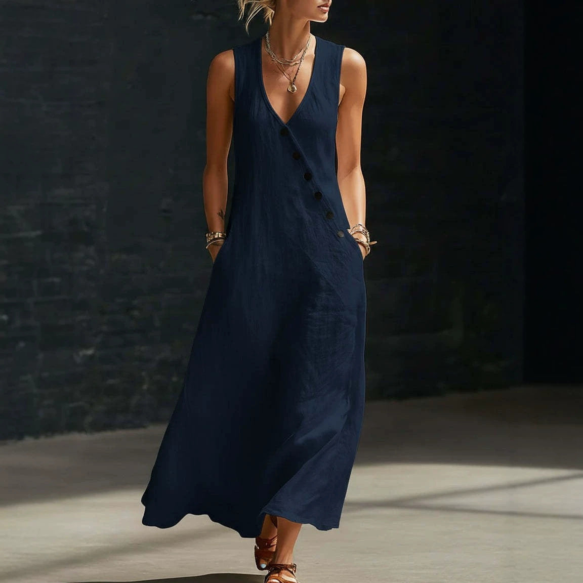 Idle Style Double-breasted Cotton Linen Sleeveless Dress