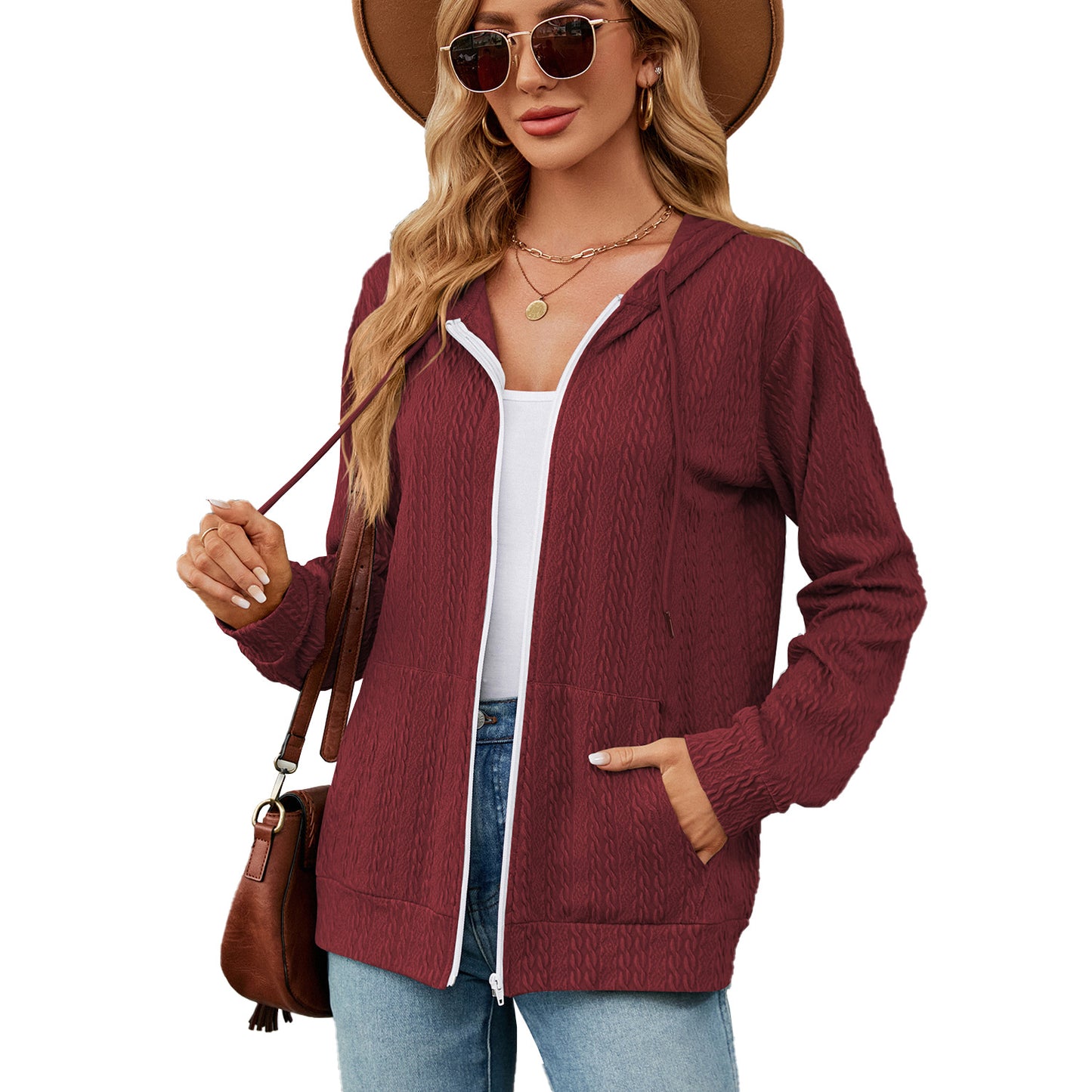 Women's Loose Long Sleeve Hooded Zip Pocket Cardigans