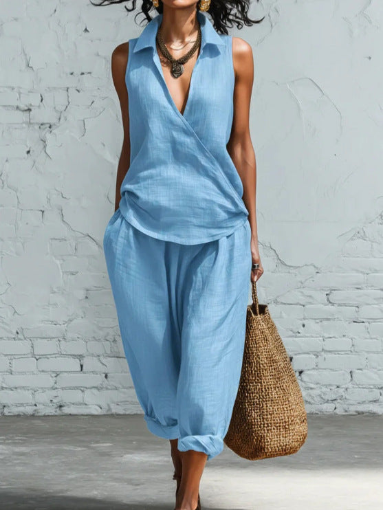 Women's Simple Lapel Shirt Wide Leg Linen Two-piece Fashion Casual Suit