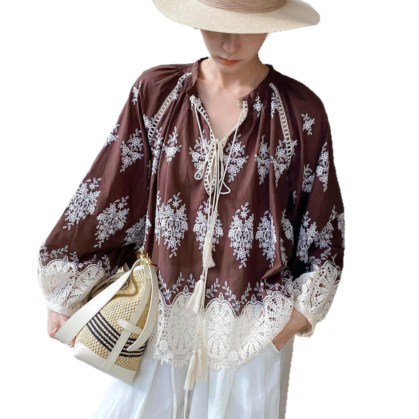 Women's Autumn French Embroidery Hollow Shirt Long Blouses