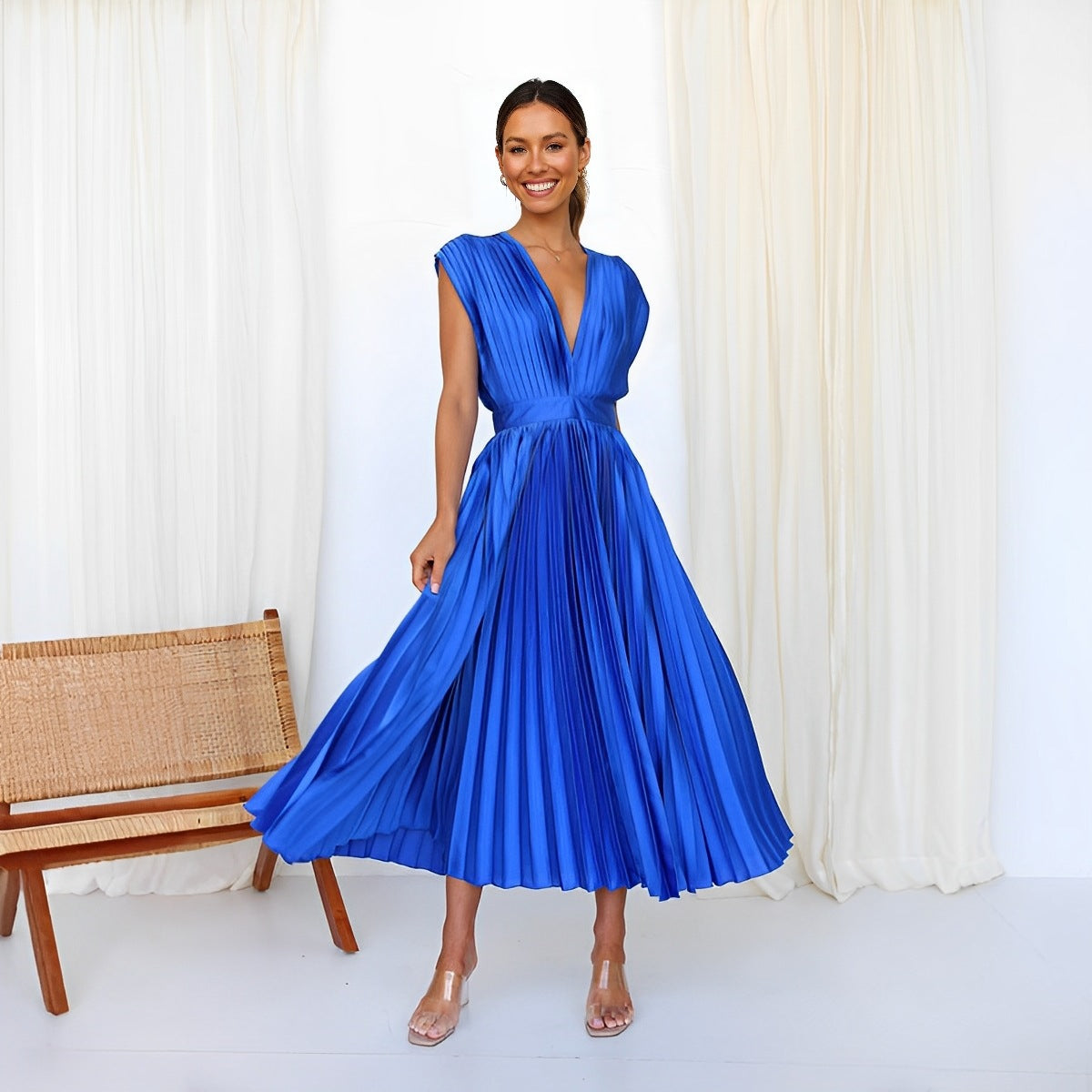 Elegant Women's Satin Pleated Invisible Zipper Dress