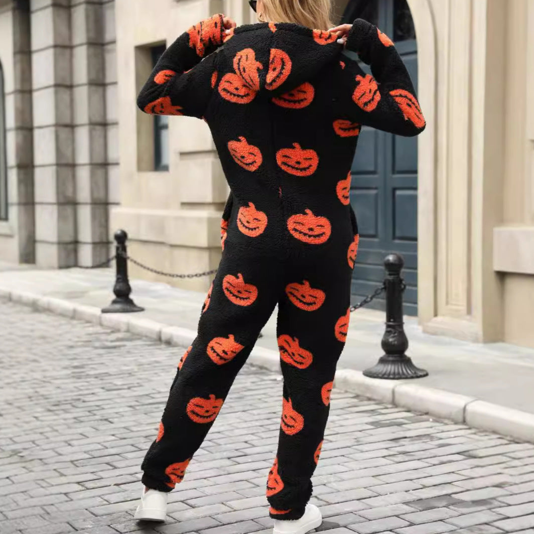 Women's Flash Veet Halloween Pumpkin Print Loose Jumpsuits