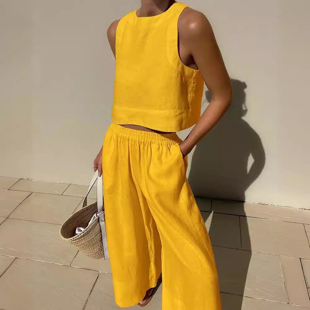 Loose Solid Color Sleeveless Shirt Trousers Fashion Casual Suit