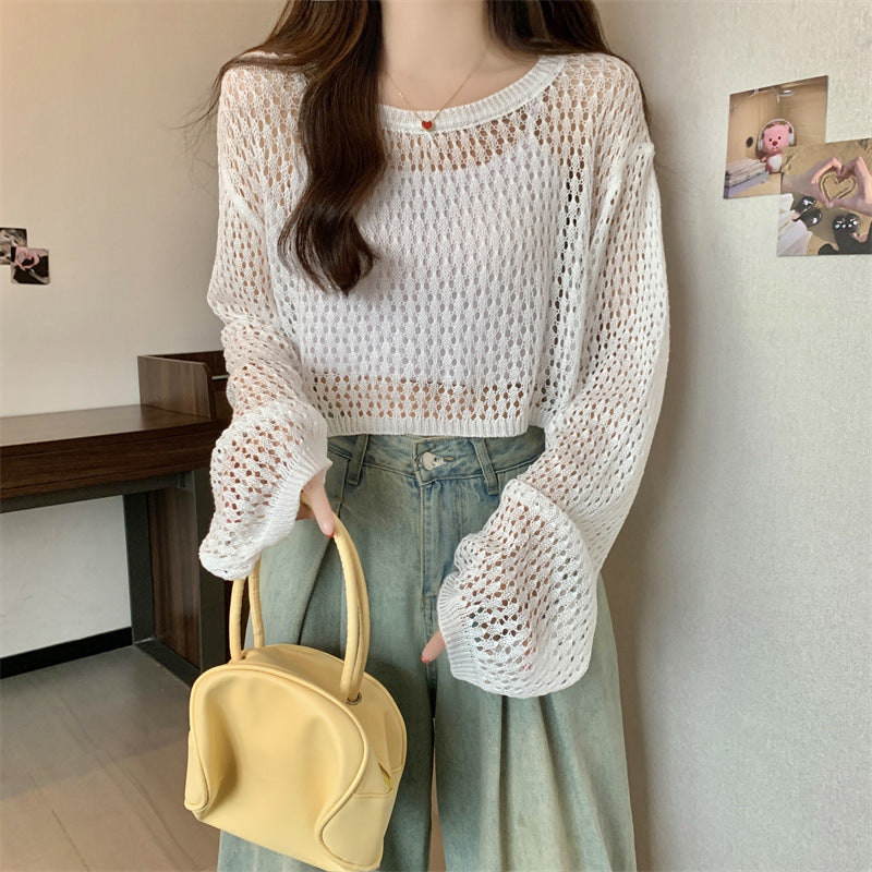 Women's Cutout Summer Tulle Mesh Candy Color Sweet Round Women's Sweater