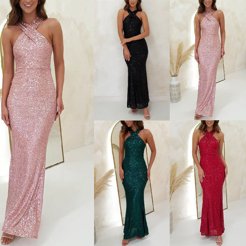 Fashionable Multicolor Halter Sleeveless Sequins Sequin Dress