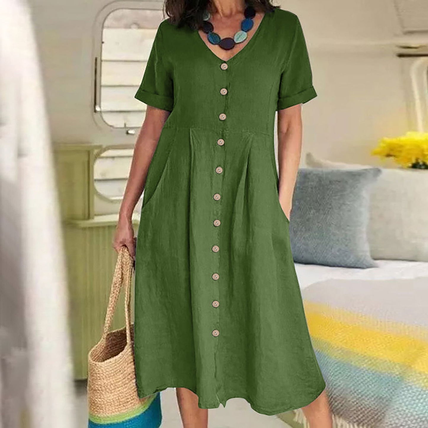 Solid Color Loose High Waist Cotton Dresses