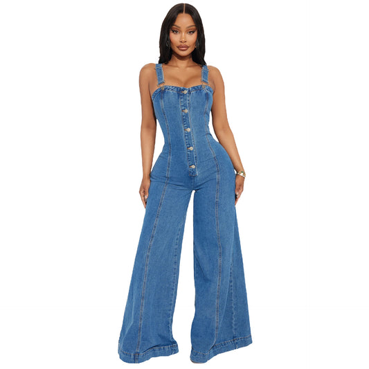 Women's Fashion Casual Sexy Suspender Denim Wide Jumpsuits