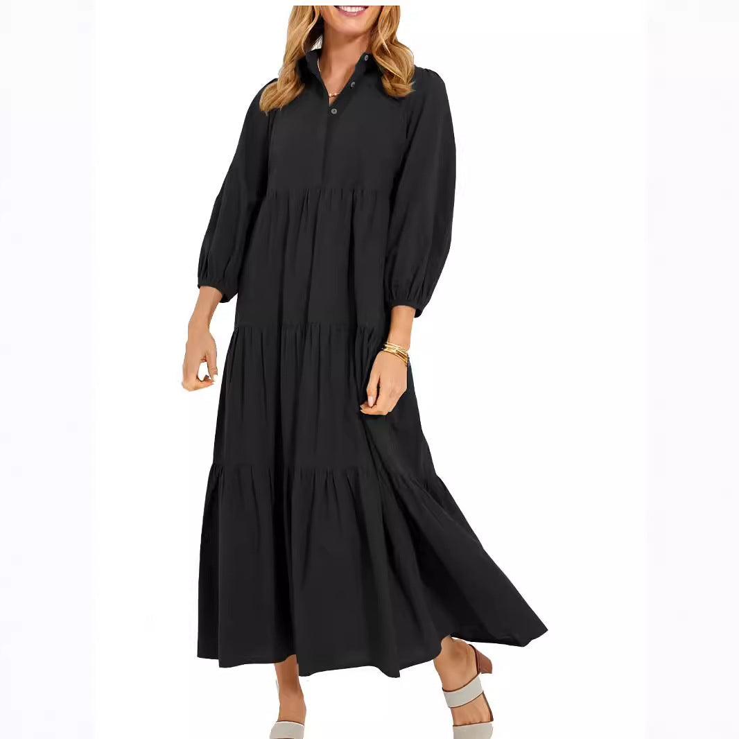 Women's Button Lapel Long Fashion Pullover High Waist Casual Solid Dress