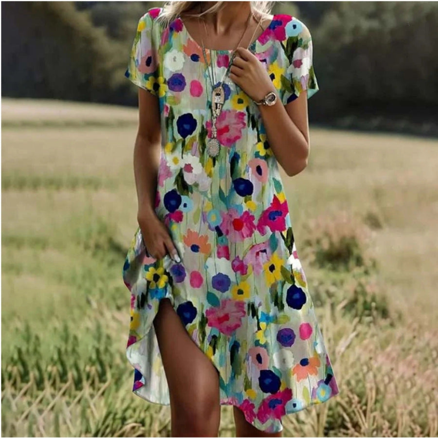 Su 2 Round Neck Sleeve Printed Dress