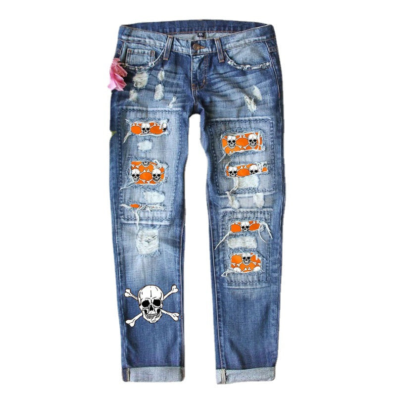 Women's Washed Printing Loose Hole Denim Trousers Jeans