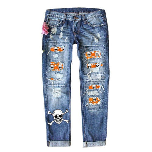 Women's Washed Printing Loose Hole Denim Trousers Jeans