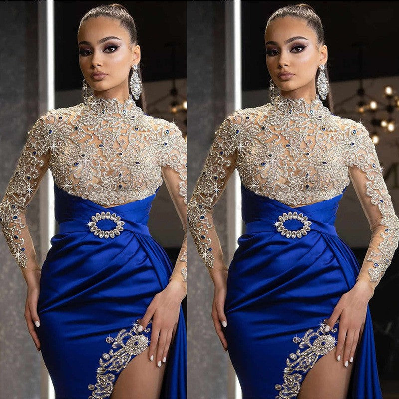 Women's Dress Blue Gold Round Neck Long Dresses