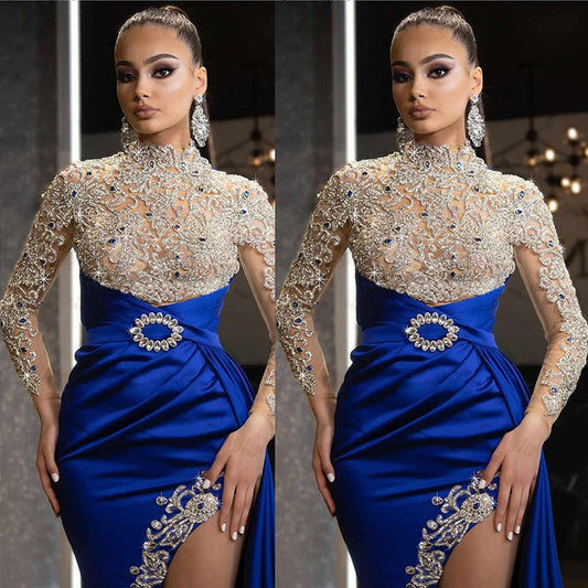 Women's Dress Blue Gold Round Neck Long Dresses