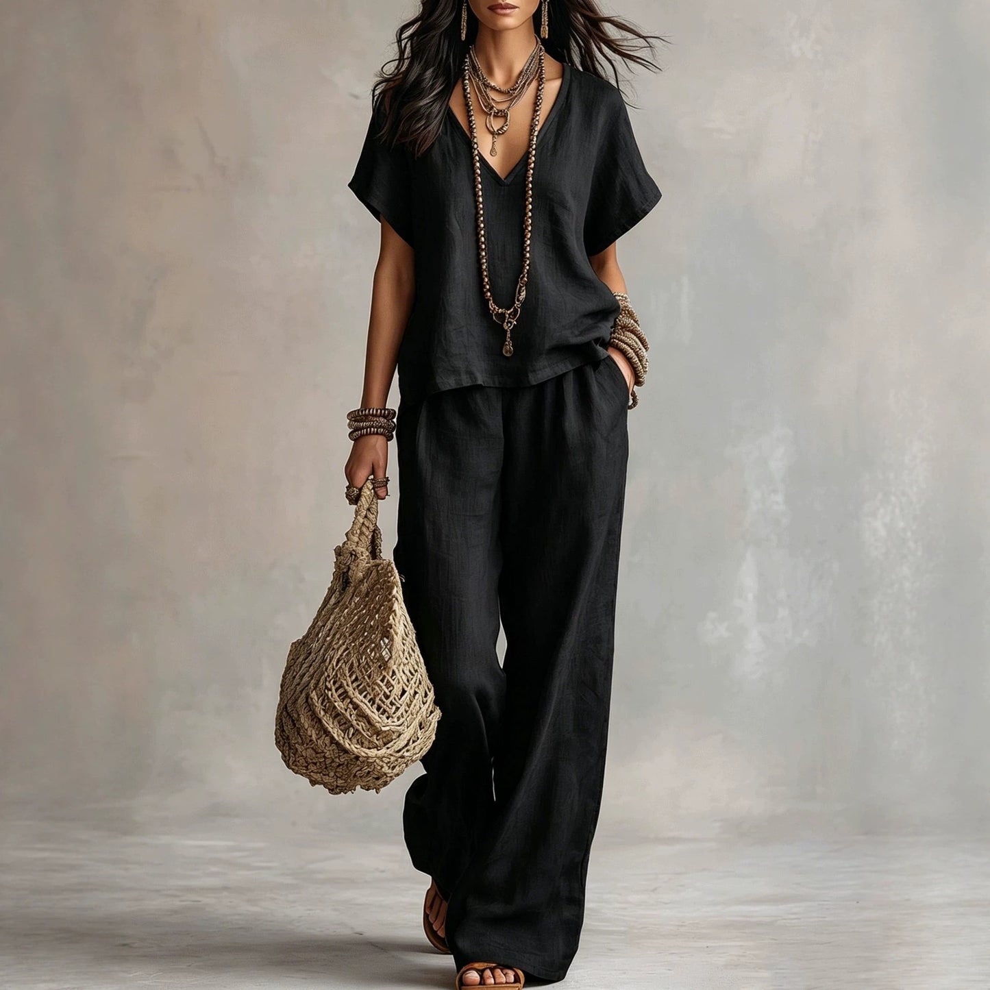 Women's Solid Color Loose Short-sleeved Trousers Two-piece Suits