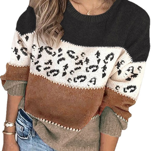 Spring Personality Leopard Splicing Fashionable Knitted Pullover Knitting Women's Sweater