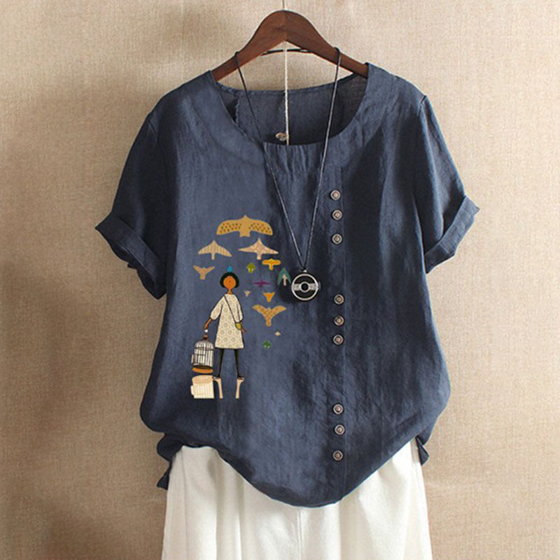 Women's Retro Cotton Linen Printed Casual Shirt Blouses