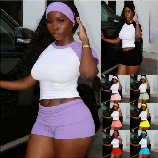 Contrast Color Comfortable Basic Sports Short-sleeved Solid Shorts