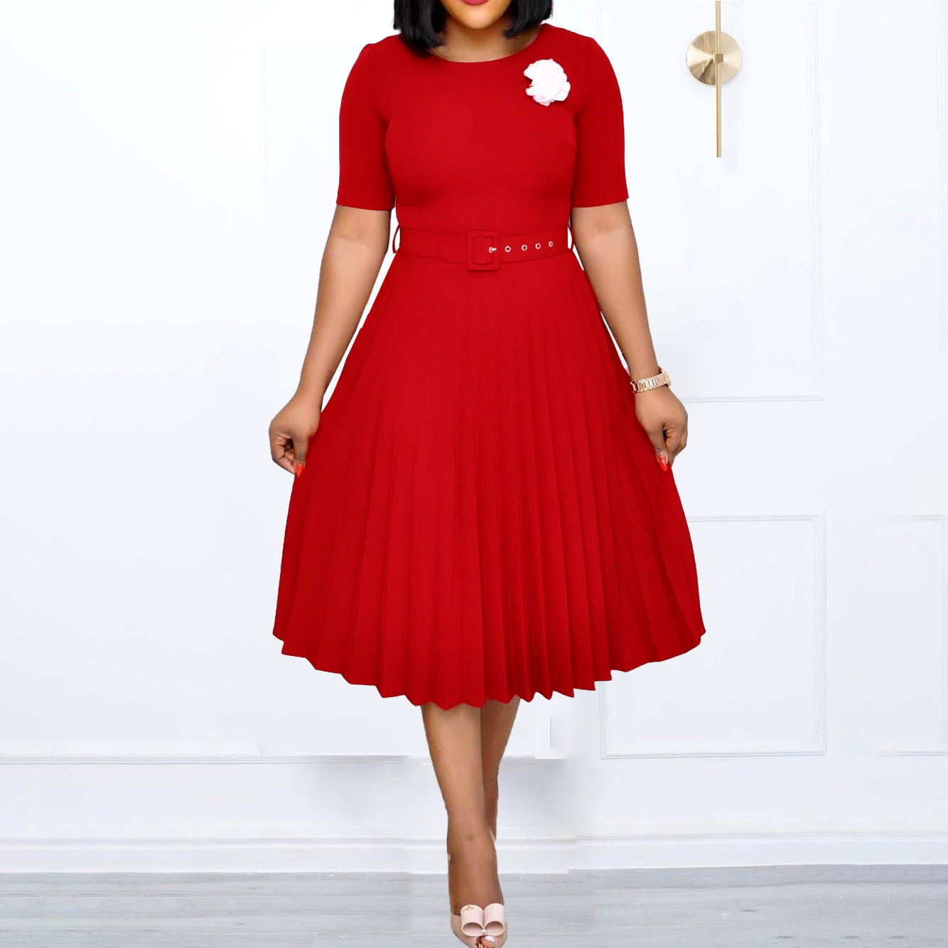 Women's Summer Sleeve Round Neck Waist Trimming Solid Dress