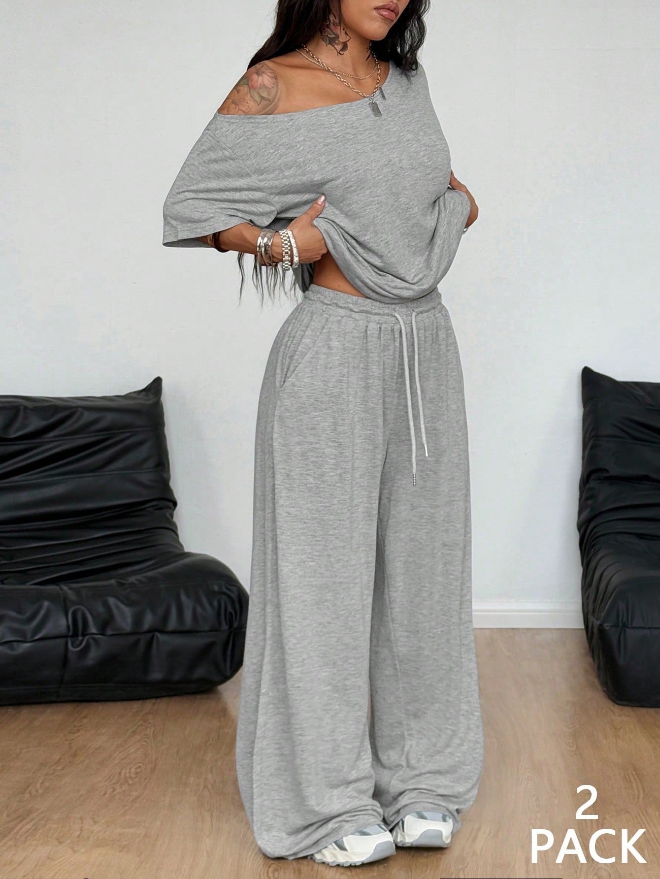 Women's Diagonal Collar Wide Leg Solid Color Fashion Casual Suit