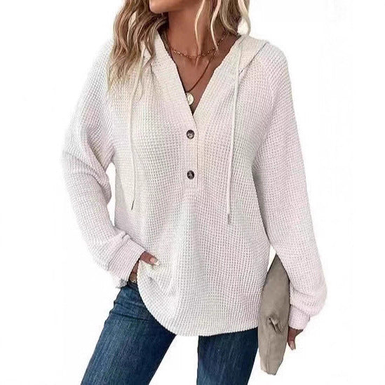 Women's Solid Color Long-sleeved Hooded Button For Women's Sweater, Sweater