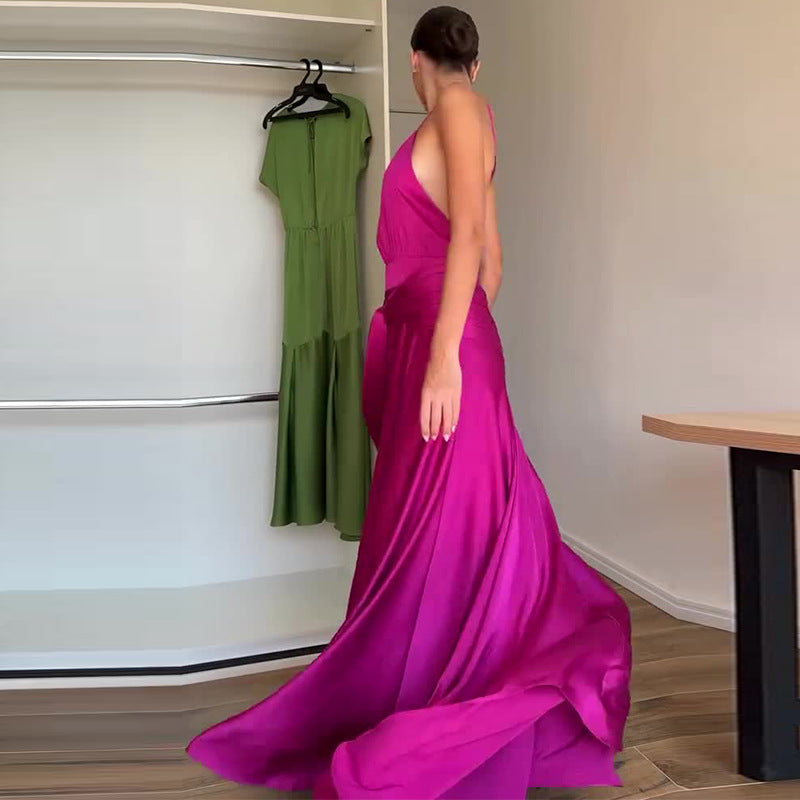 Women's Summer Backless Waist Trimming Rose Red Dresses