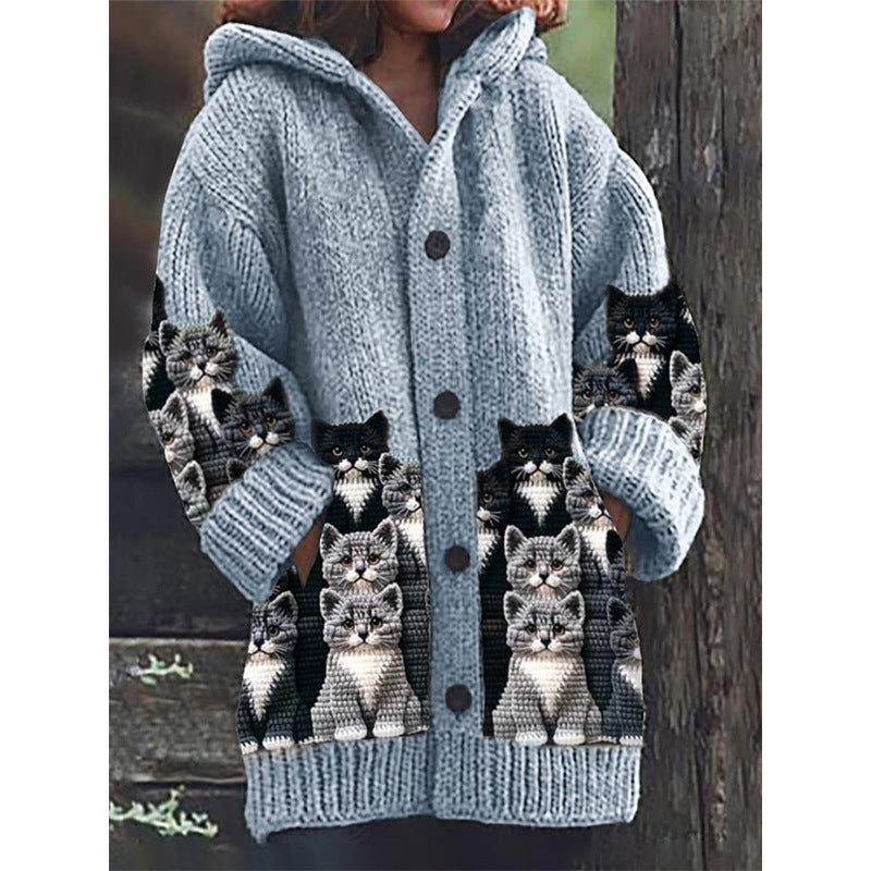 Elegant Women's Animal Cat Printing Hooded Cardigans
