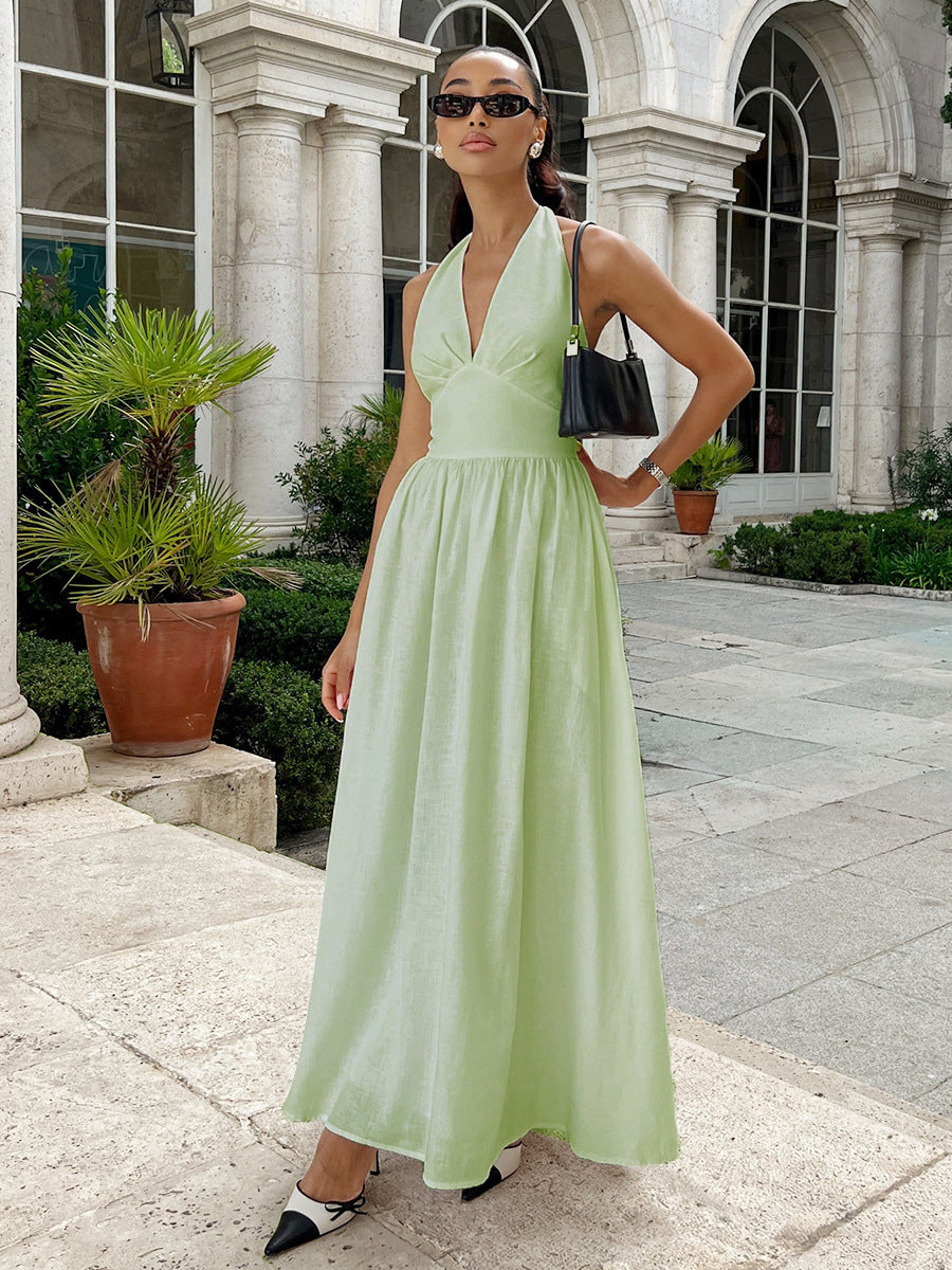 Women's Temperament Pure Color Backless Large Hem Dress