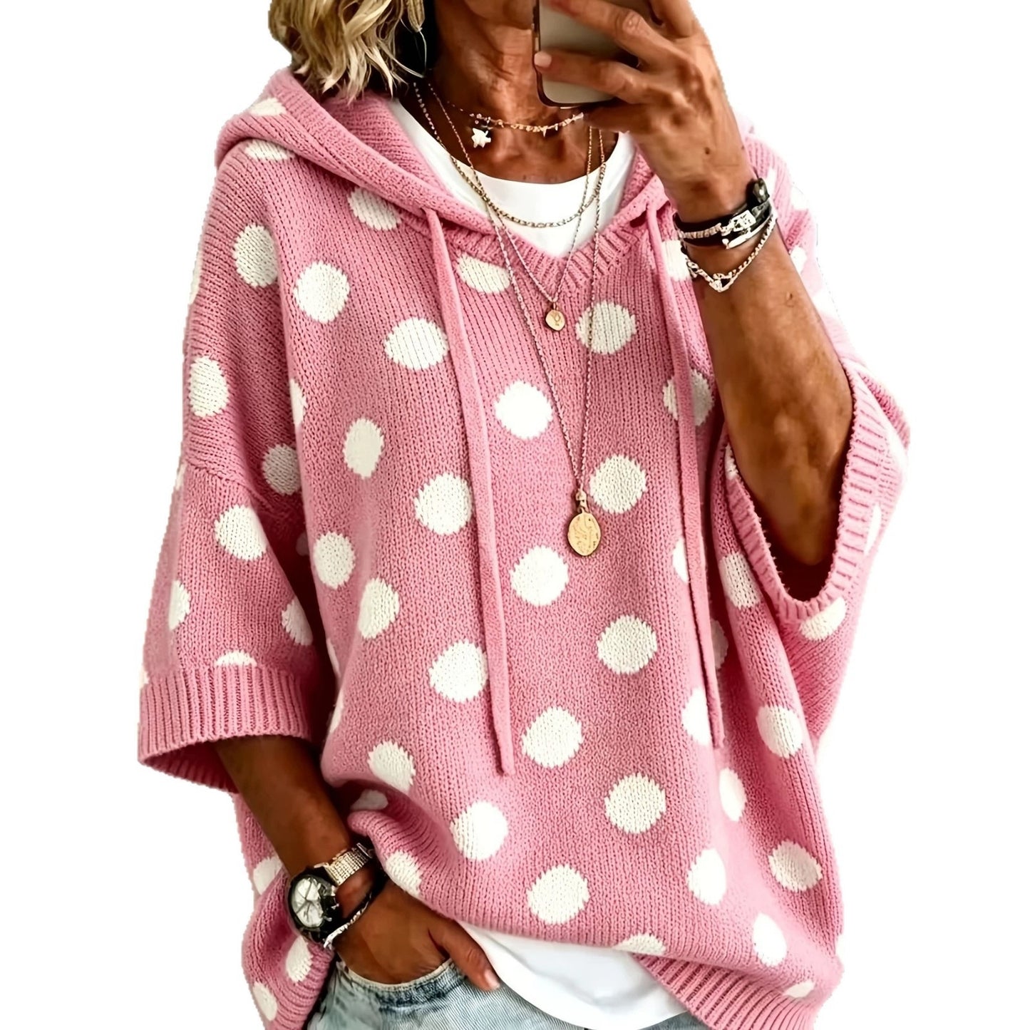 Women's Complete Sizes Elegant Loose Casual Style Polka Dot Sweater