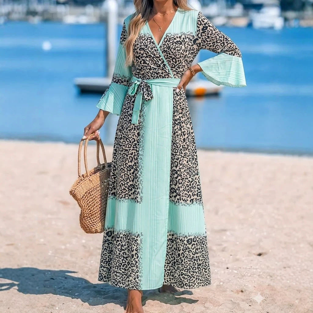 Print Striped Patchwork Wrap Bell Sleeve Temperament Dress