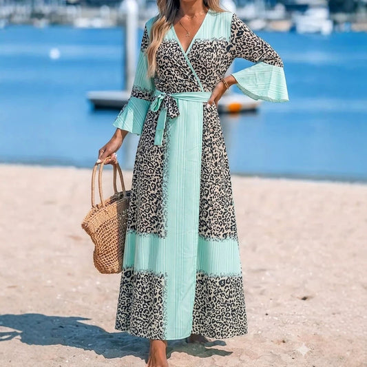 Print Striped Patchwork Wrap Bell Sleeve Temperament Dress