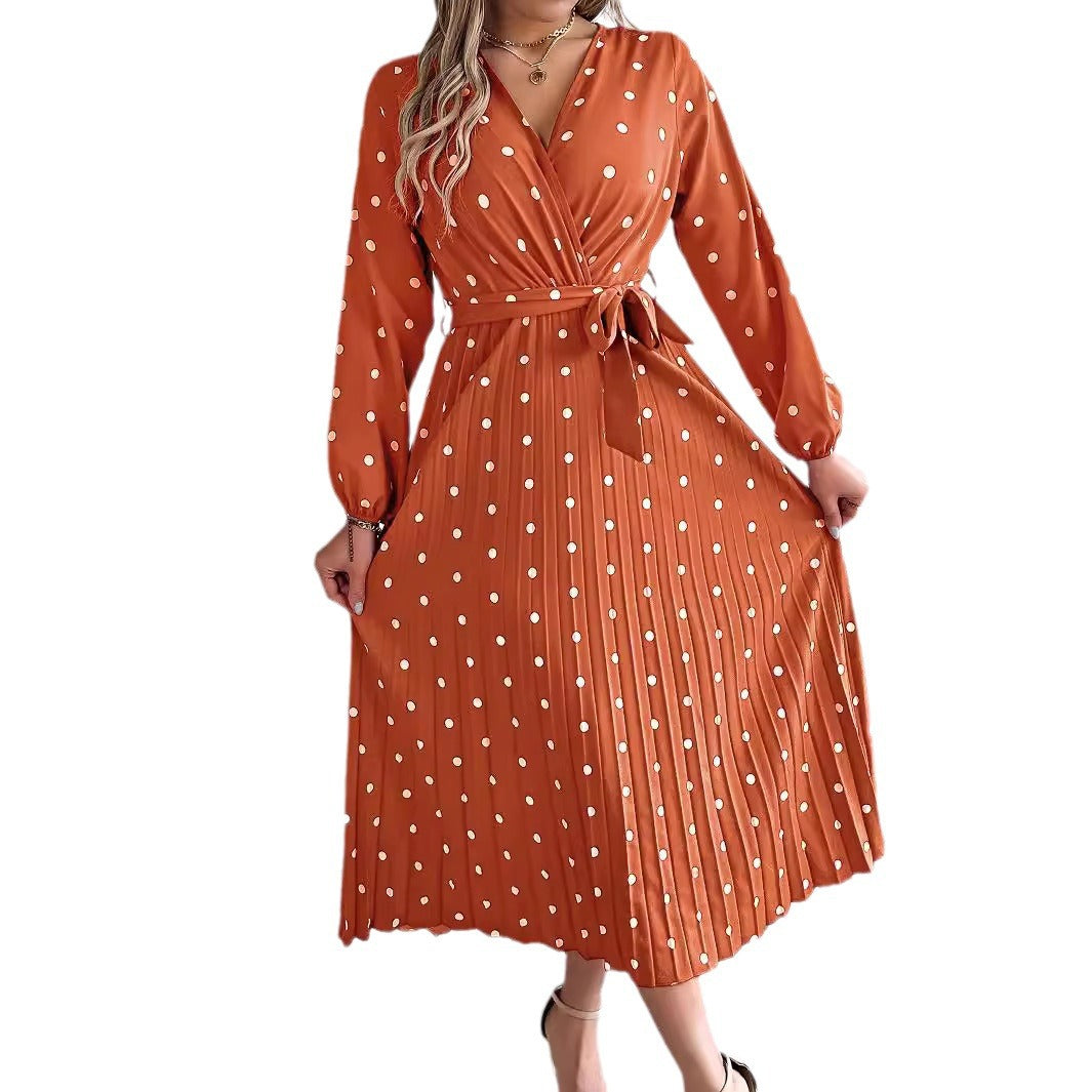Women's Elegant Contrast Color Polka Dot Cross Pleated Dress