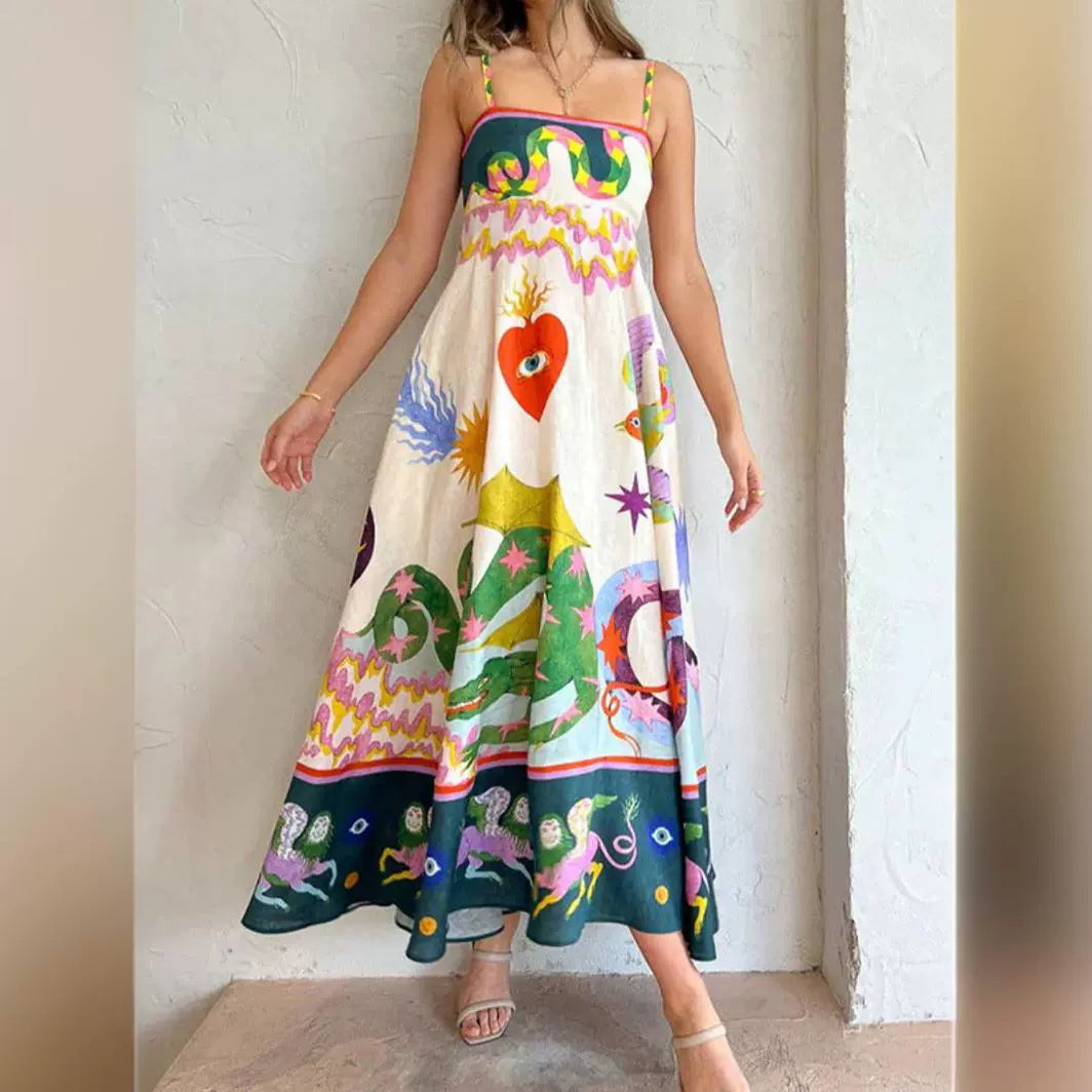Summer Elegant Positioning Printed Sleeveless High Waist Large Swing Dress