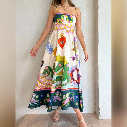 Summer Elegant Positioning Printed Sleeveless High Waist Large Swing Dress