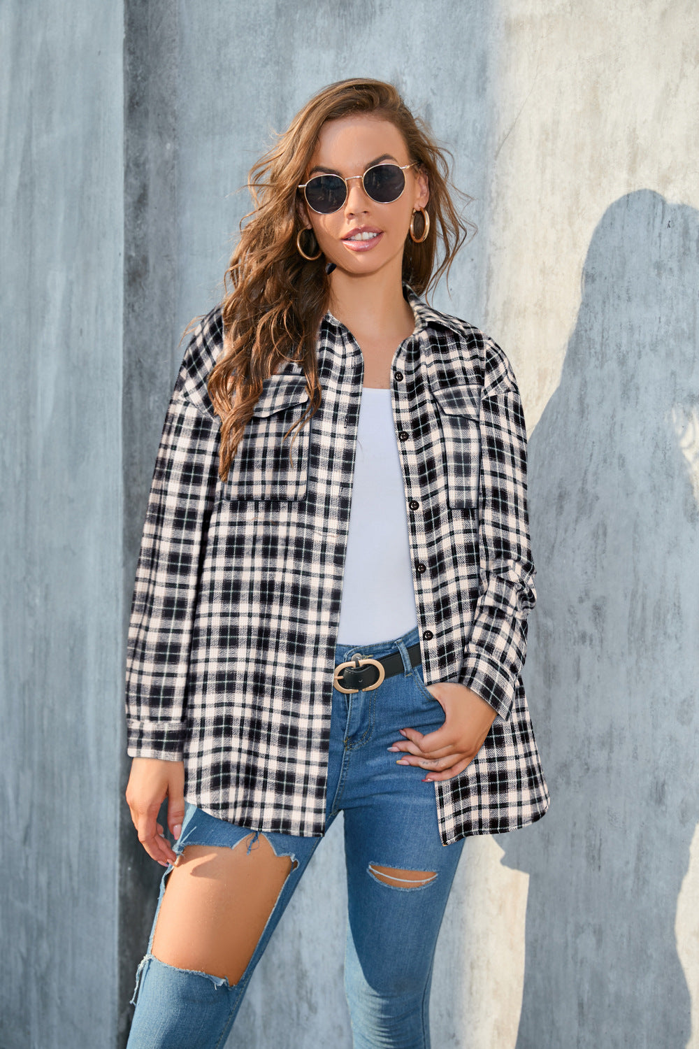 Women's Large Long-sleeved Plaid Button Shirt With Blouses