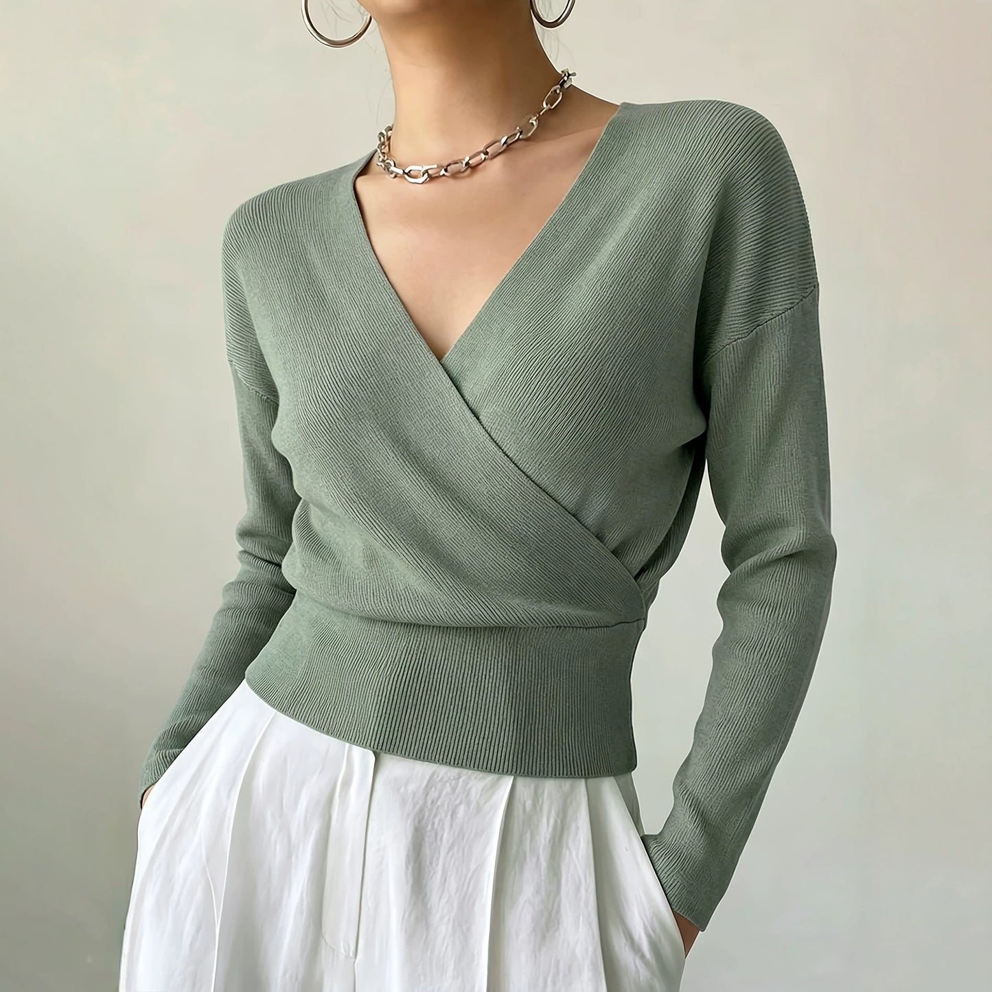Women's Sleeve Solid Color Fashion Cross Collar Tight Waist Women's Sweater
