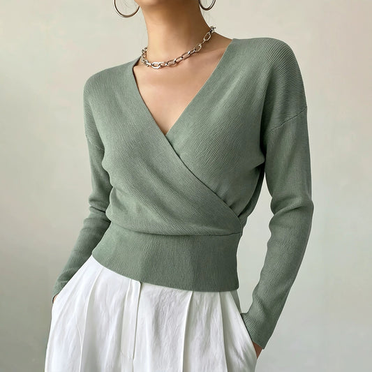Women's Sleeve Solid Color Fashion Cross Collar Tight Waist Women's Sweater