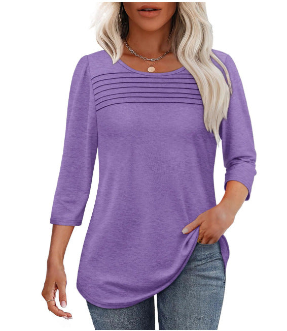 Solid Color Round Neck Long-sleeved Striped Blouses