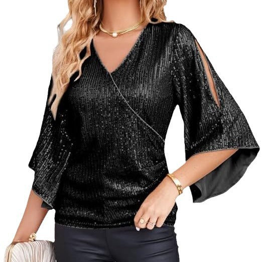 Women's Sequined Flare Sleeve Slim Fit Glitter Blouses
