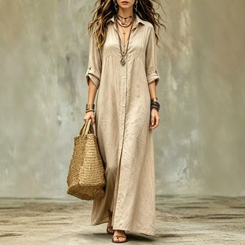 Comfortable Shirt Collar Floor Casual Simple Dress