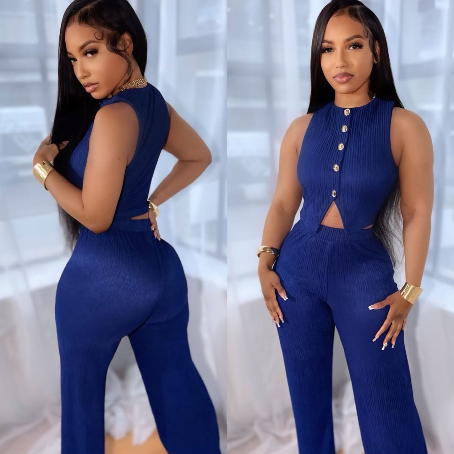 Women's Slim Fit High Waist Wide Leg Two-piece Fashion Casual Suit