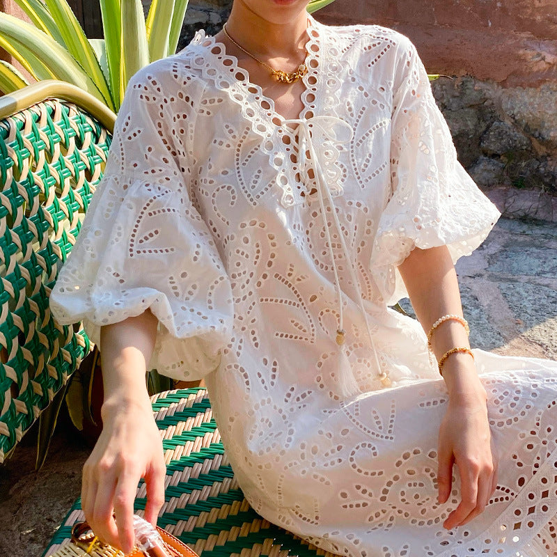 Women's French Embroidery Holiday Dress Puff Sleeve Dresses