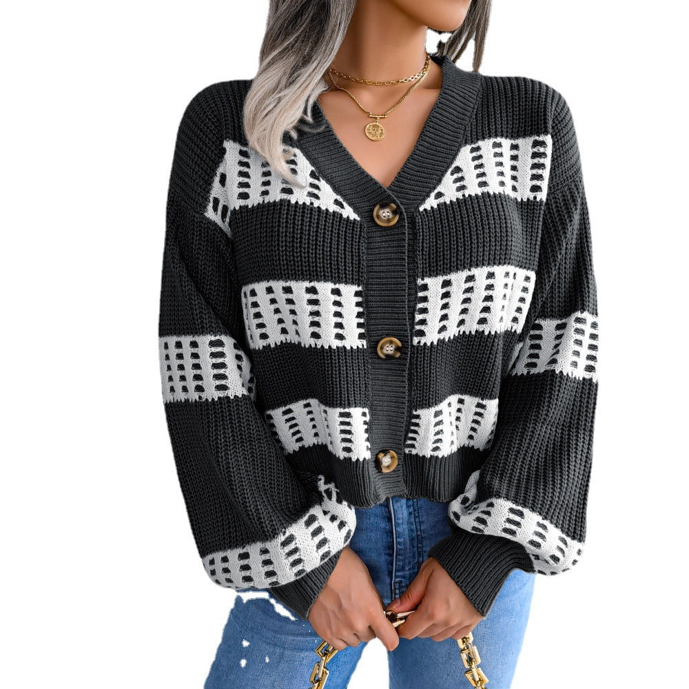 Women's Clearance Design Contrast Color Lantern Sleeve Clothing