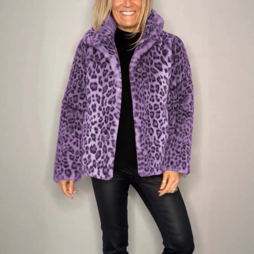 Women's Winter Fashionable Leopard Print Lapel Imitation Coats